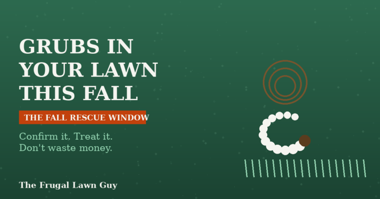 Illustration of a white grub and dead turf patch representing fall grub damage, The Frugal Lawn Guy